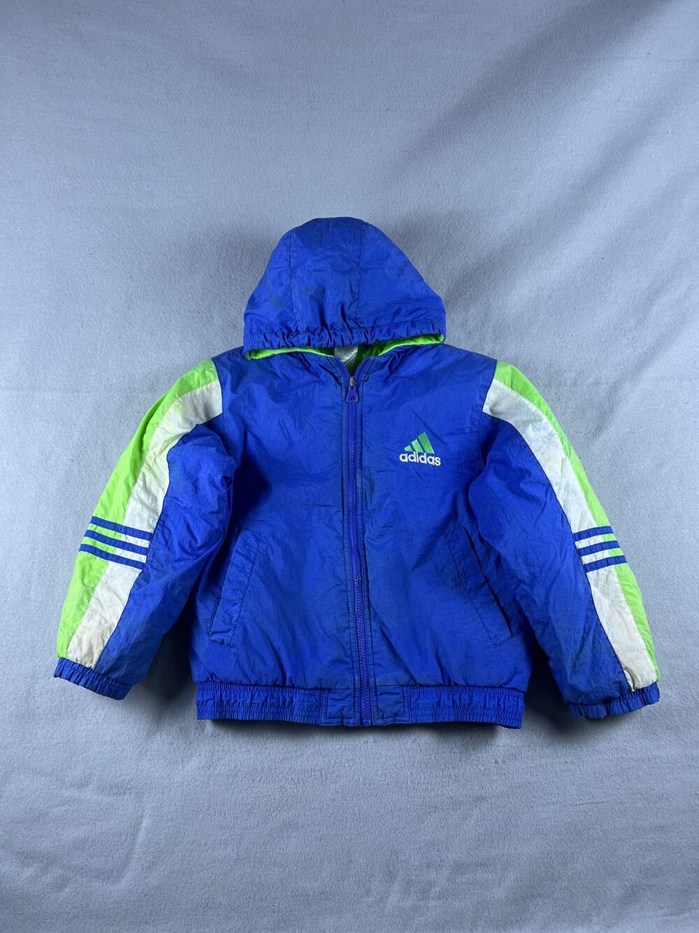 Vintage Adidas Puffer Jacket Youth S Blue Green Hooded Stripes Logo Embroidered